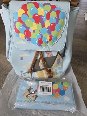 Loungefly Light Blue Up Balloon Backpack and Wallet Set And Credit Card Holder